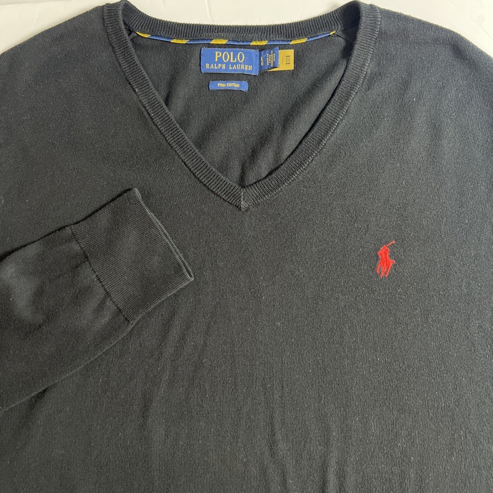 Polo Ralph Lauren Pima Cotton V-Neck Sweater Mens Sz Large Black Red Pony